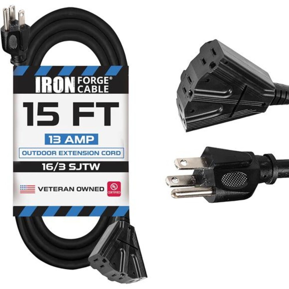 3 Outlet Outdoor Extension Cord 15 ft, 16/3 SJTW Black Extension Cord